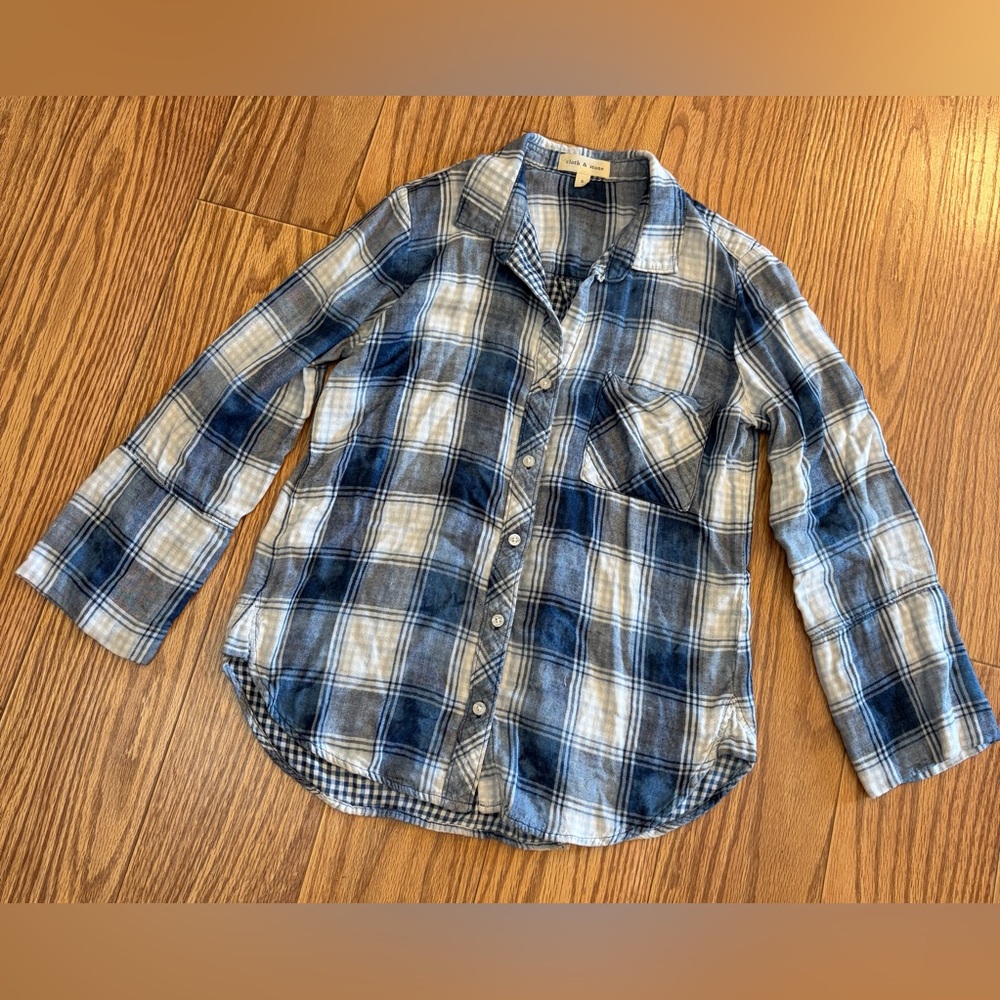 Anthropologie Cloth & Stone Blue/White Flannel Plaid Shirt Women’s Size Small